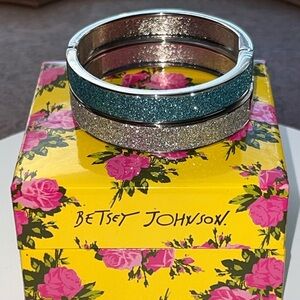 Betsey Johnson 2 Blue Glitter and Silver Glitter Bangles with Magnetic Closure